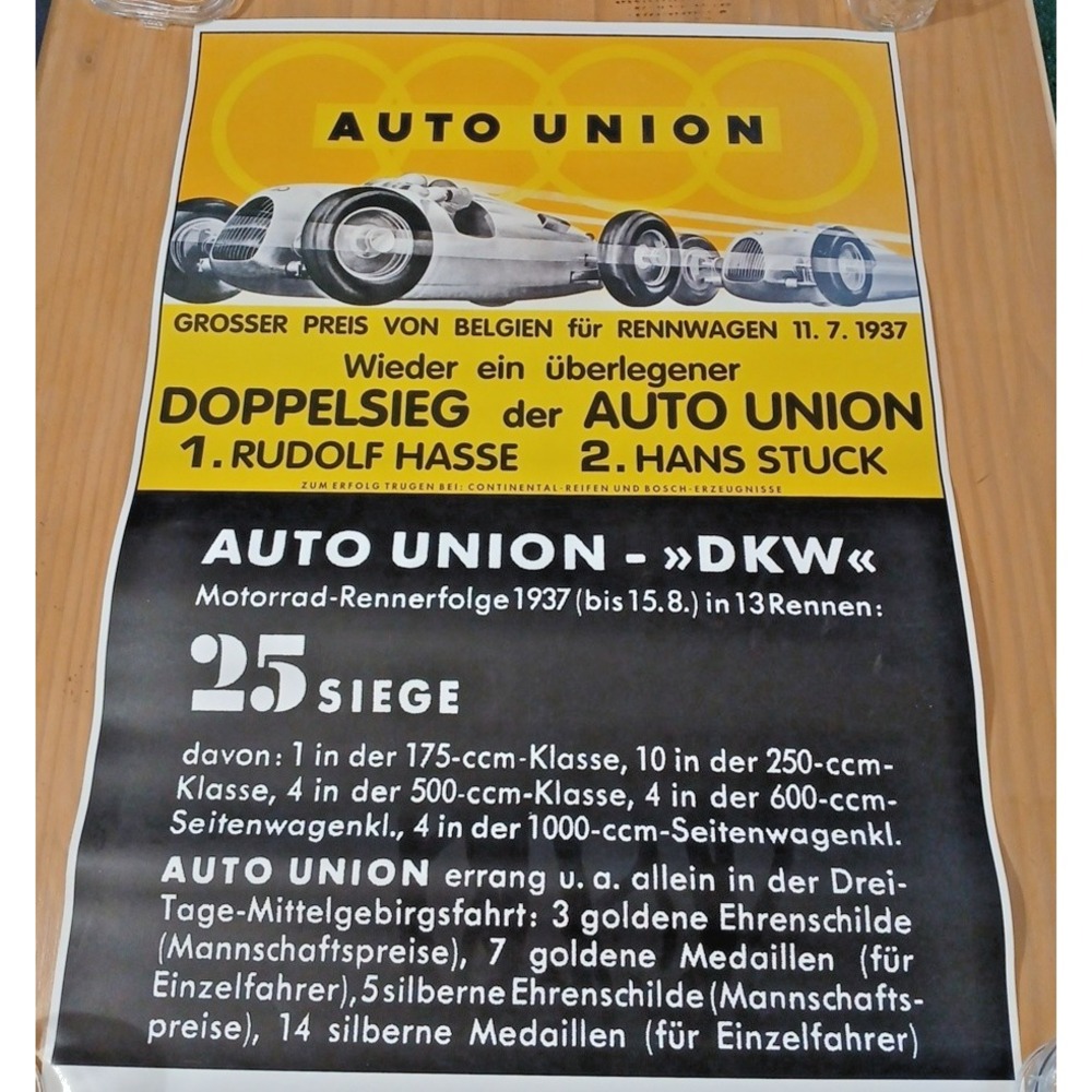 1937 Auto Union GP Poster DKW 25 Siege  27x19 VTG Racing HSR German